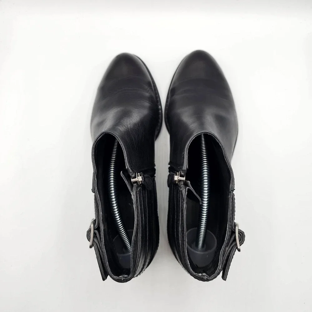 Franco Sarto Cyan Boots Women 6.5 Black Leather Ankle Booties Buckles Block Heel